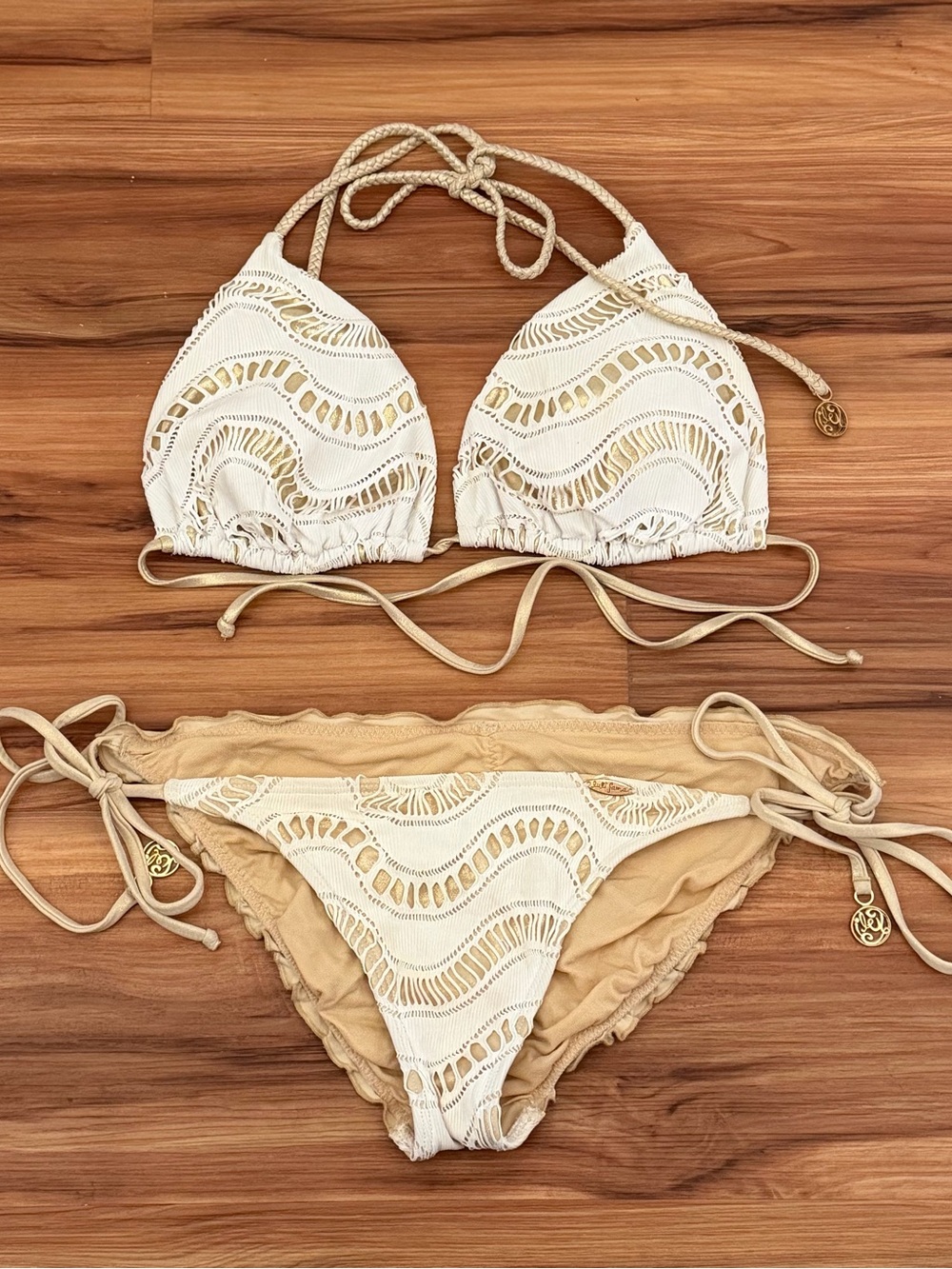 Luli Fama White Crochet Bikini Set + Reversible Teal/Gold Bikini Top Size Large